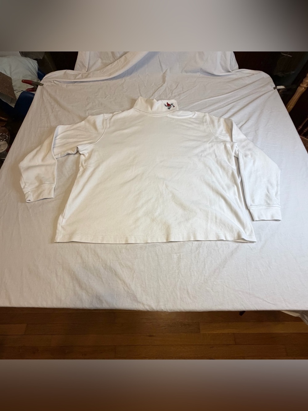 Christmas White Mock Neck Long Sleeve Top with Embroidered Cardinal on collar